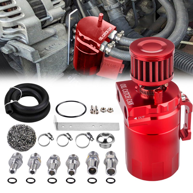 ZHSYMX Universal 300ml Aluminum Baffled Oil Separator Catch Can Kit with Installation Bracket and Thickening Tube Red - Image 1